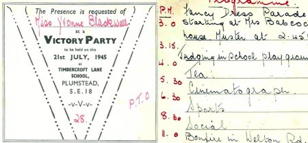 Victory
                            Party invite (1945) to Yvonne Blackwell at
                            Timbercroft Lane School